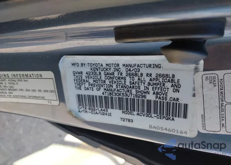 2003 Toyota Camry Xle z USA, uszkodzony, nr VIN 4T1BE30K53U719296